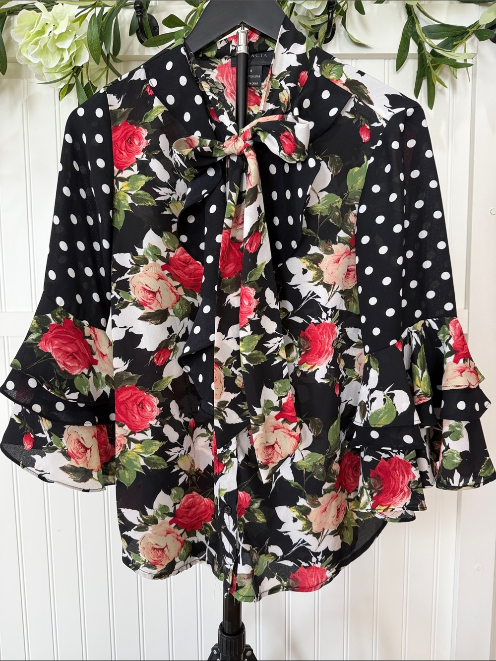 #867 GRACIA Pretty Black Polka Dot, Red Roses Tie-Neck, Ruffle Sleeve Blouse